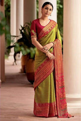 Olive Green & Magenta Printed Silk Saree with Embroidered Designer Blouse – Festive Collection