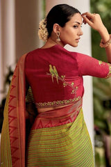 Olive Green & Magenta Printed Silk Saree with Embroidered Designer Blouse – Festive Collection