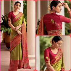 Olive Green & Magenta Printed Silk Saree with Embroidered Designer Blouse – Festive Collection