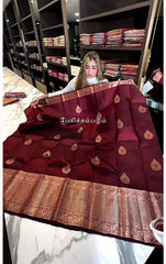 Royal Maroon Silk Saree with Antique Copper Zari Weaving & Leaf Butta Motifs