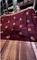 Royal Maroon Silk Saree with Antique Copper Zari Weaving & Leaf Butta Motifs