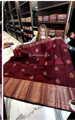 Royal Maroon Silk Saree with Antique Copper Zari Weaving & Leaf Butta Motifs