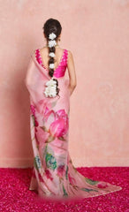 Light Pink Hand-Painted Floral Organza Silk Saree with Handwork Borders & Silk Blouse