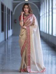 Elegant Champagne Gold Tissue Silk Saree with Traditional Crimson Red Embroidered Border