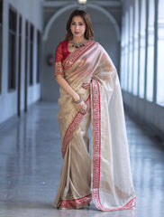 Elegant Champagne Gold Tissue Silk Saree with Traditional Crimson Red Embroidered Border