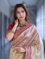 Elegant Champagne Gold Tissue Silk Saree with Traditional Crimson Red Embroidered Border