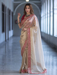Elegant Champagne Gold Tissue Silk Saree with Traditional Crimson Red Embroidered Border