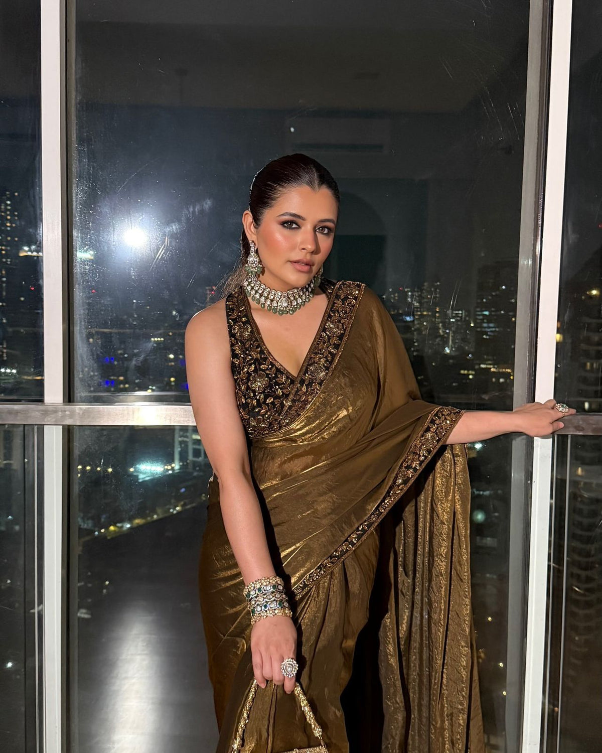 Premium Metallic Antique Gold Saree with Hand-Embellished Halter Blouse
