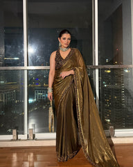 Premium Metallic Antique Gold Saree with Hand-Embellished Halter Blouse