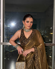 Premium Metallic Antique Gold Saree with Hand-Embellished Halter Blouse