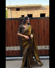 Premium Metallic Antique Gold Saree with Hand-Embellished Halter Blouse