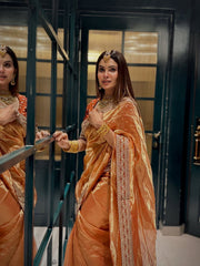 Copper Metallic Silk Saree with Heavy Embroidered Border and Unstitched Blouse