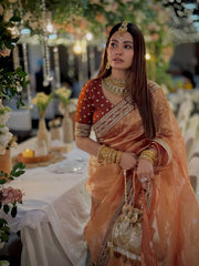 Copper Metallic Silk Saree with Heavy Embroidered Border and Unstitched Blouse