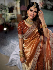 Copper Metallic Silk Saree with Heavy Embroidered Border and Unstitched Blouse