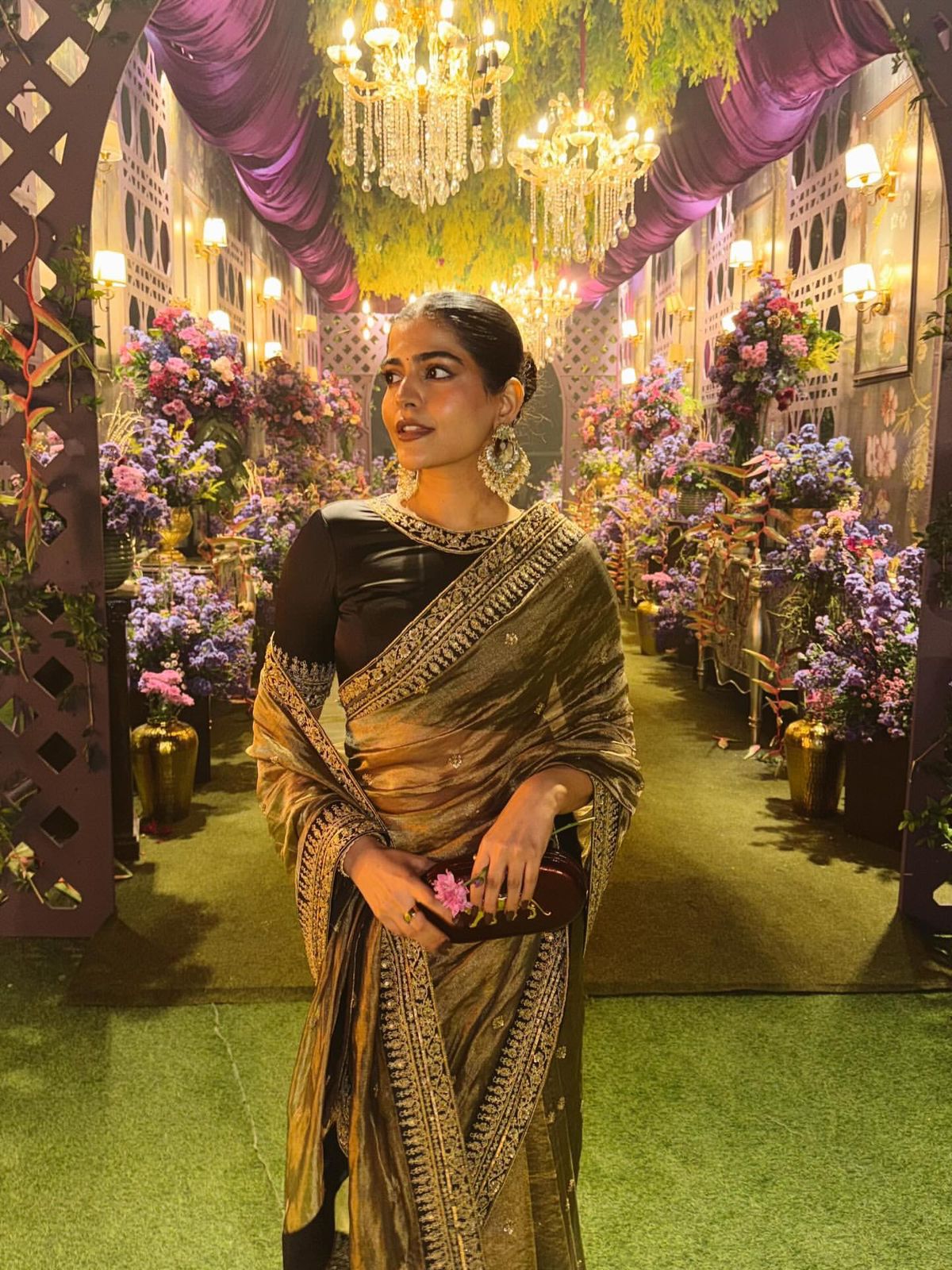 Golden Metallic Tissue Saree with Designer Zari Border & Black Blouse Set
