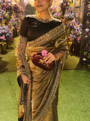 Golden Metallic Tissue Saree with Designer Zari Border & Black Blouse Set