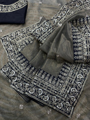 Golden Metallic Tissue Saree with Designer Zari Border & Black Blouse Set
