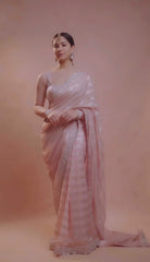Elegant Dusty Pink Georgette Saree with Heavy Silver Sequin Work Blouse & Scalloped Border