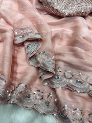 Elegant Dusty Pink Georgette Saree with Heavy Silver Sequin Work Blouse & Scalloped Border