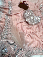 Elegant Dusty Pink Georgette Saree with Heavy Silver Sequin Work Blouse & Scalloped Border