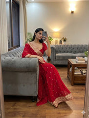 Classic Red Party-Wear Saree with Matching Embroidered Designer Blouse