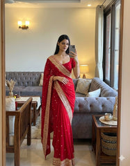 Classic Red Party-Wear Saree with Matching Embroidered Designer Blouse