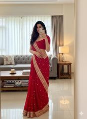 Classic Red Party-Wear Saree with Matching Embroidered Designer Blouse