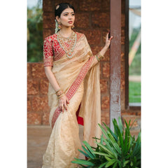Champagne Gold Chanderi Silk Saree with Crimson Red Intricate Zardosi Blouse – Festive Heritage Collection