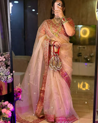 Champagne Gold Chanderi Silk Saree with Crimson Red Intricate Zardosi Blouse – Festive Heritage Collection