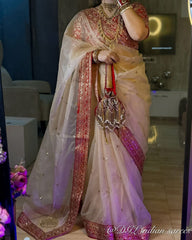 Champagne Gold Chanderi Silk Saree with Crimson Red Intricate Zardosi Blouse – Festive Heritage Collection