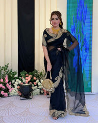 Elegant Jet Black Organza Saree with Premium Antique Gold Zardosi Embroidery – Includes Matching Designer Blouse