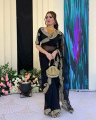 Elegant Jet Black Organza Saree with Premium Antique Gold Zardosi Embroidery – Includes Matching Designer Blouse