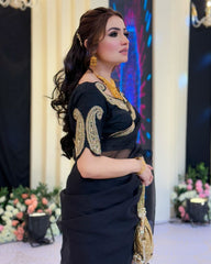Elegant Jet Black Organza Saree with Premium Antique Gold Zardosi Embroidery – Includes Matching Designer Blouse