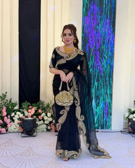 Elegant Jet Black Organza Saree with Premium Antique Gold Zardosi Embroidery – Includes Matching Designer Blouse