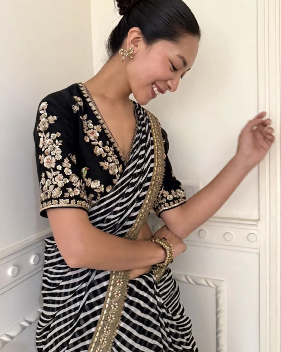 Elegant Jet Black Leheriya Georgette Saree with Heavy Sequin Embroidery & Designer Blouse Piece