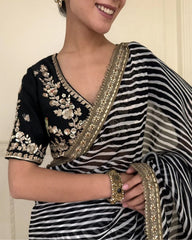 Elegant Jet Black Leheriya Georgette Saree with Heavy Sequin Embroidery & Designer Blouse Piece