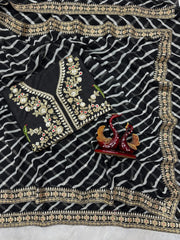 Elegant Jet Black Leheriya Georgette Saree with Heavy Sequin Embroidery & Designer Blouse Piece
