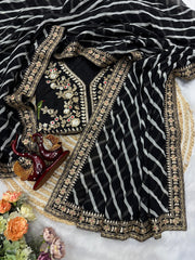 Elegant Jet Black Leheriya Georgette Saree with Heavy Sequin Embroidery & Designer Blouse Piece