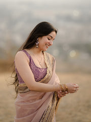 Elegant Rose-Gold Organza Saree with Embroidered Velvet Blouse and Heavy Zari Border