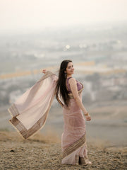 Elegant Rose-Gold Organza Saree with Embroidered Velvet Blouse and Heavy Zari Border