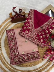 Pink Chiffon Saree with Deep Wine Velvet-Style Border & Sequin Work
