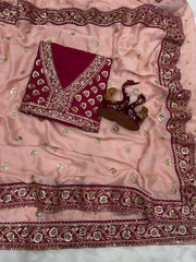Pink Chiffon Saree with Deep Wine Velvet-Style Border & Sequin Work