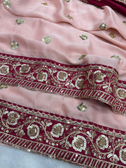 Pink Chiffon Saree with Deep Wine Velvet-Style Border & Sequin Work
