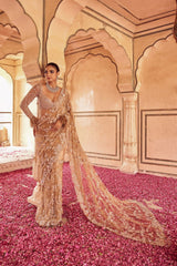 Champagne Gold Heavy Hand-Embroidered Net Saree with Designer Cape Sleeves