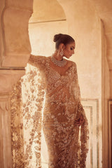 Champagne Gold Heavy Hand-Embroidered Net Saree with Designer Cape Sleeves