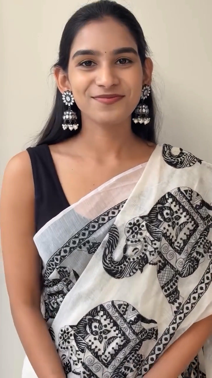 White Mulmul Cotton Saree with Navy Blue Elephant Block Prints and Unstitched Blouse Piece