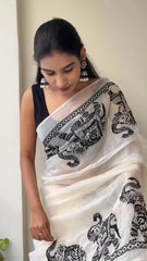 White Mulmul Cotton Saree with Navy Blue Elephant Block Prints and Unstitched Blouse Piece
