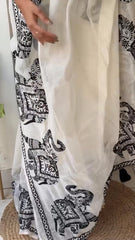 White Mulmul Cotton Saree with Navy Blue Elephant Block Prints and Unstitched Blouse Piece