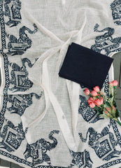 White Mulmul Cotton Saree with Navy Blue Elephant Block Prints and Unstitched Blouse Piece