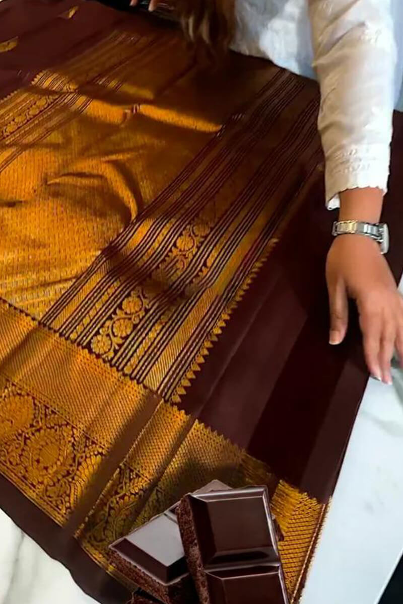 Chocolate Brown Kanchipuram Silk Saree with Antique Gold Zari Butta and Temple Border